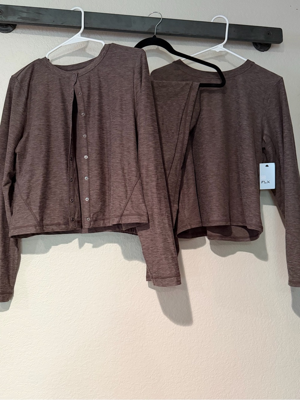 FLX 3 piece Heathered Brown Long Sleeve Button Cardigan, top & jogger pants.